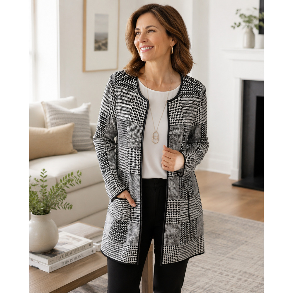 Talbots Black White Patchwork Knit Open Front Cardigan Faux Trim size Medium